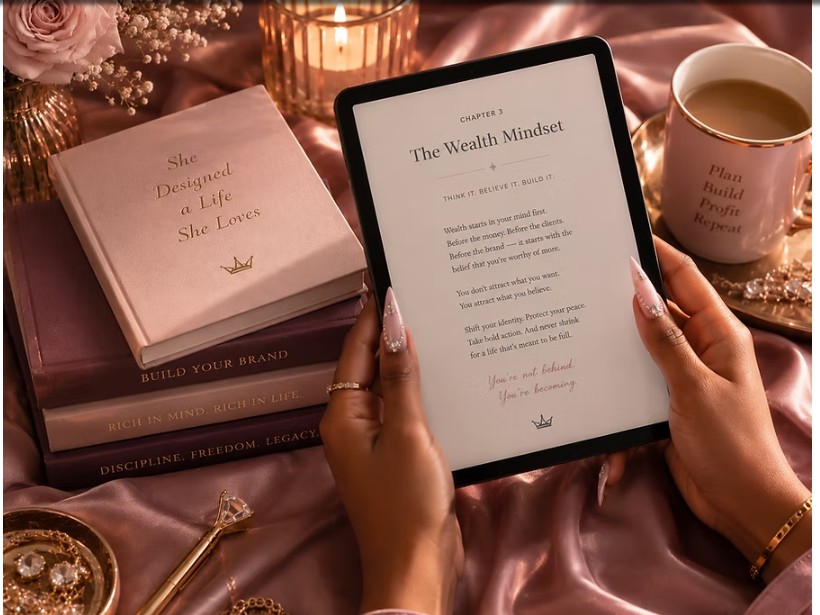 The Wealth Mindset — an interactive eBook page surrounded by a curated desk setup
